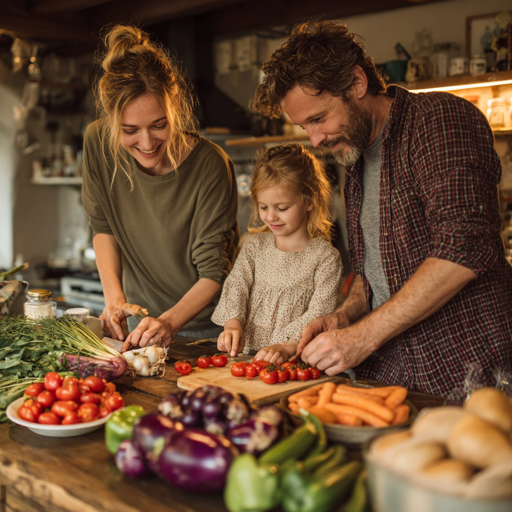 Šťastní slovenskí dospelí rôzneho veku pripravujúci si zdravé jedlá v modernej kuchyni, usmiati a spokojní