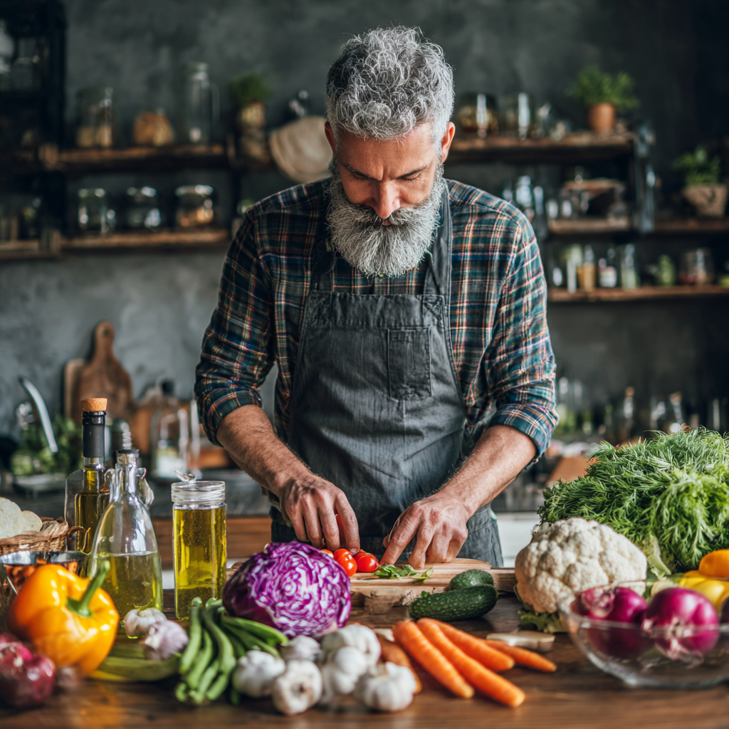 Šťastní slovenskí ľudia stredného a vyššieho veku pri príprave pestrej stravy bohatej na proteíny a vlákninu, usmievaví a spokojní v domácom prostredí